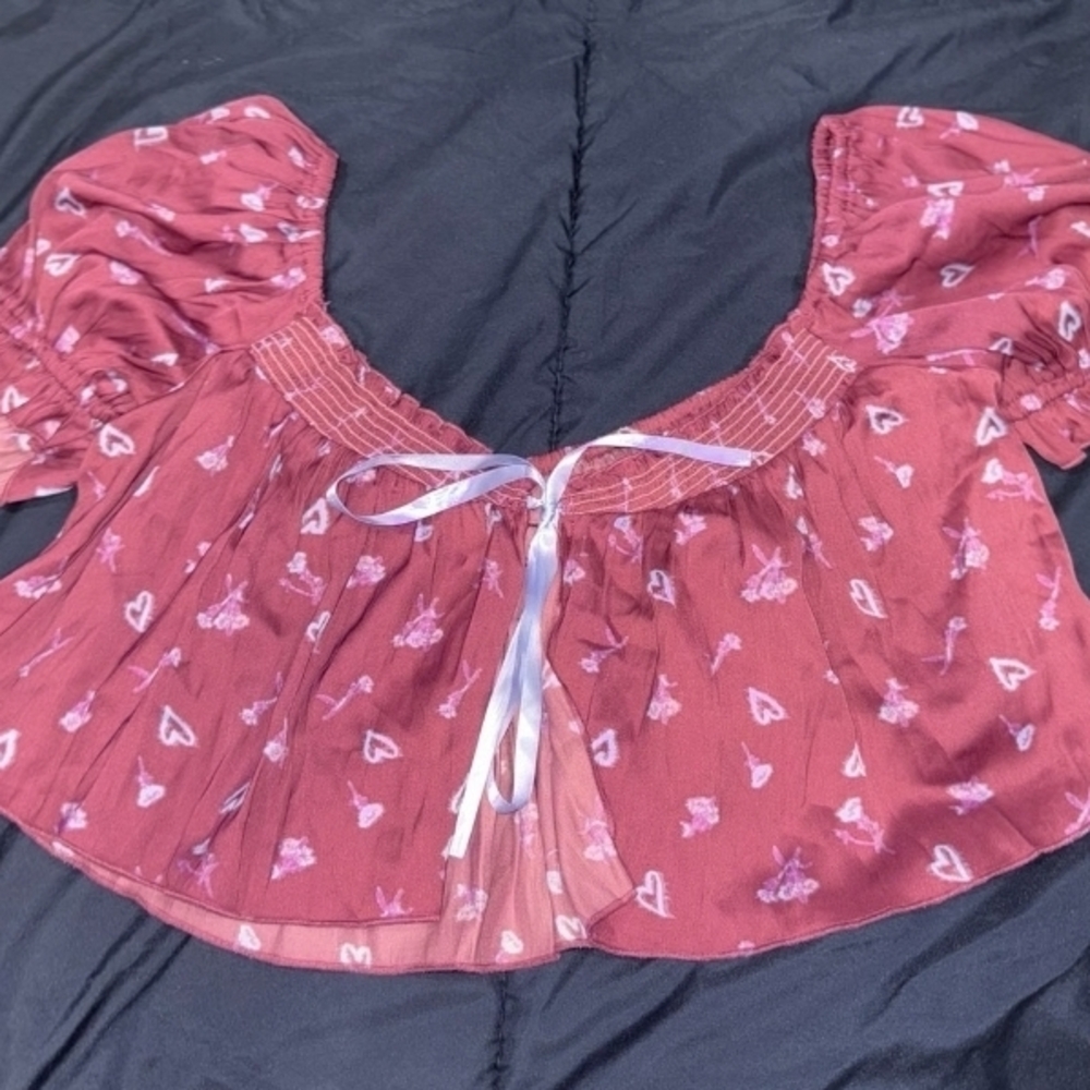 Urban Outfitters Red Crop Top with Heart and Floral Pattern